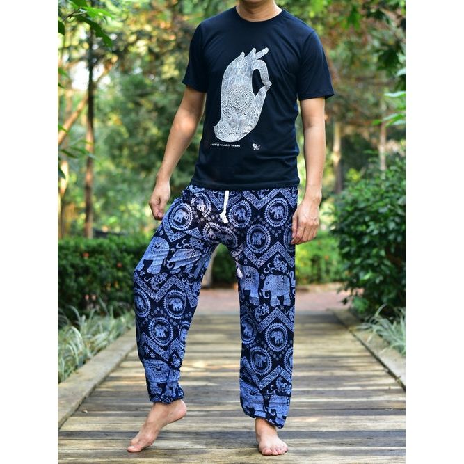 Bohotusk Mens Blue Elephant Tusker Harem Pants Cord Tie Waist M/L to