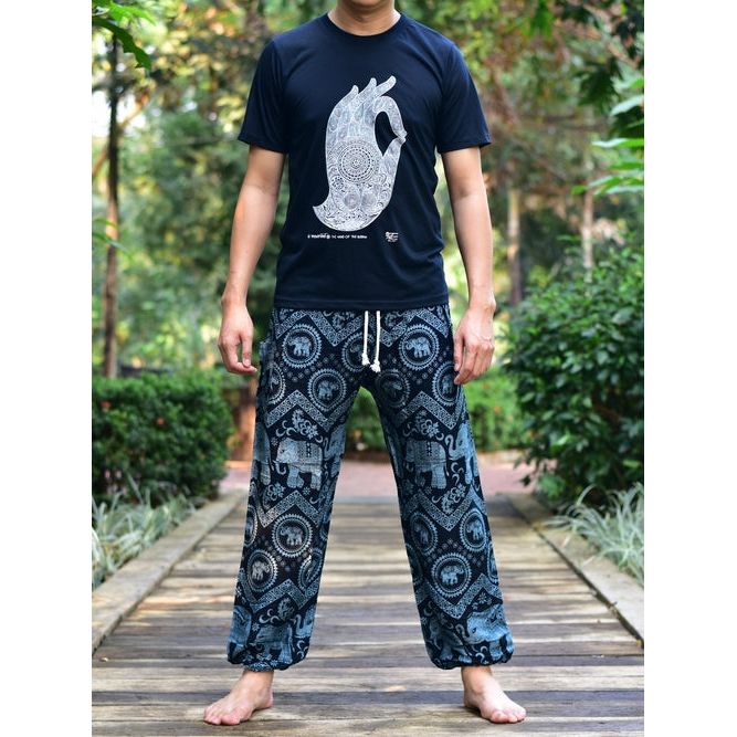 Bohotusk Mens Black Elephant Tusker Harem Pants Cord Tie Waist M/L to