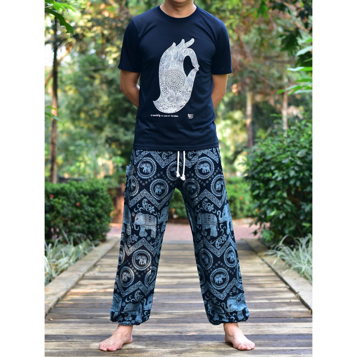 Bohotusk Mens Black Elephant Tusker Harem Pants Cord Tie Waist M/L to