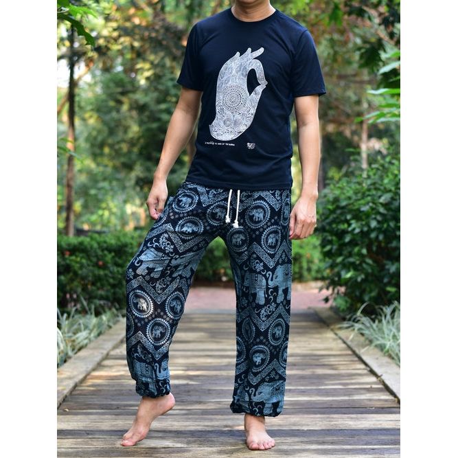 Bohotusk Mens Black Elephant Tusker Harem Pants Cord Tie Waist M/L to