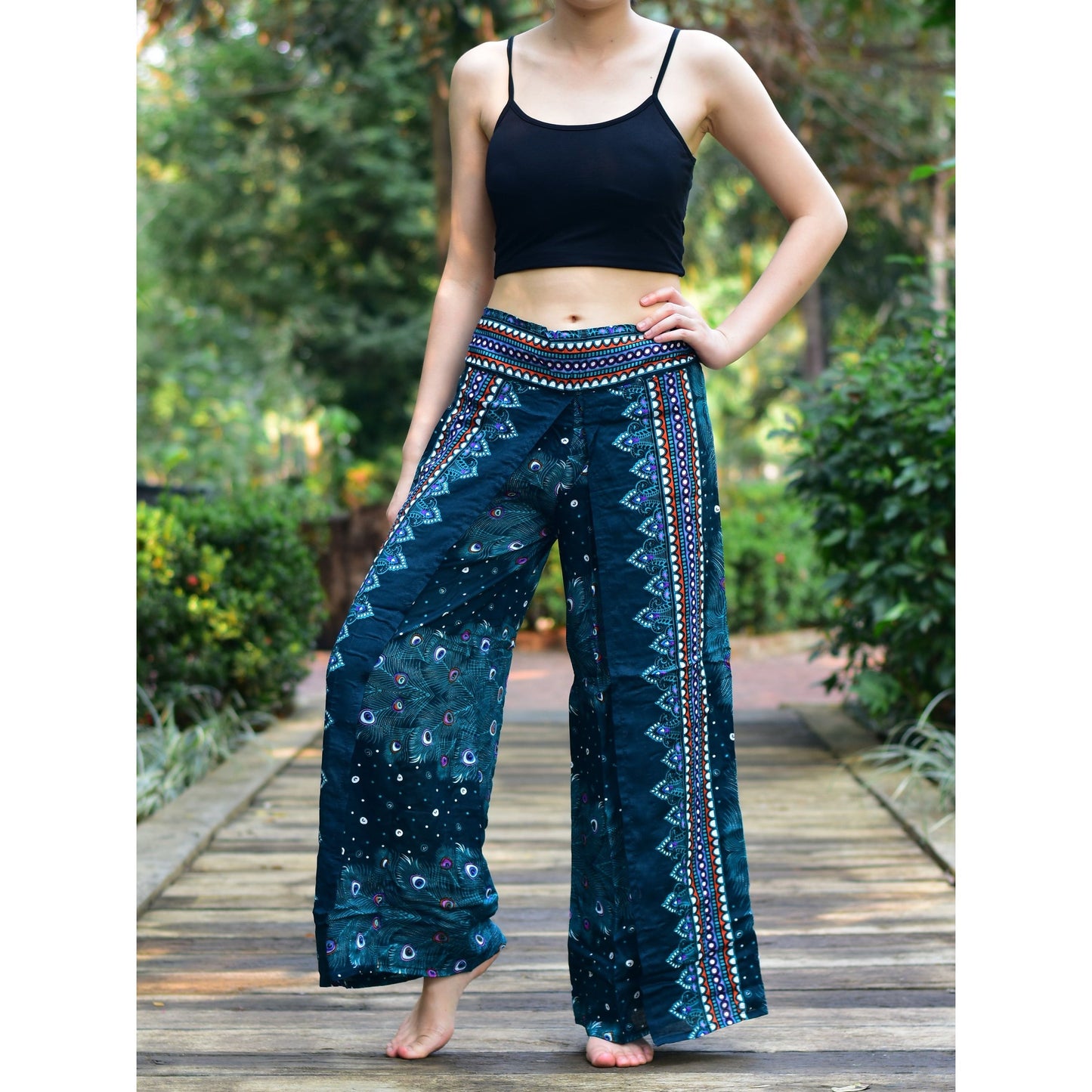 Bohotusk Teal Green Peacock Print Low Crotch Harem Pants Womens