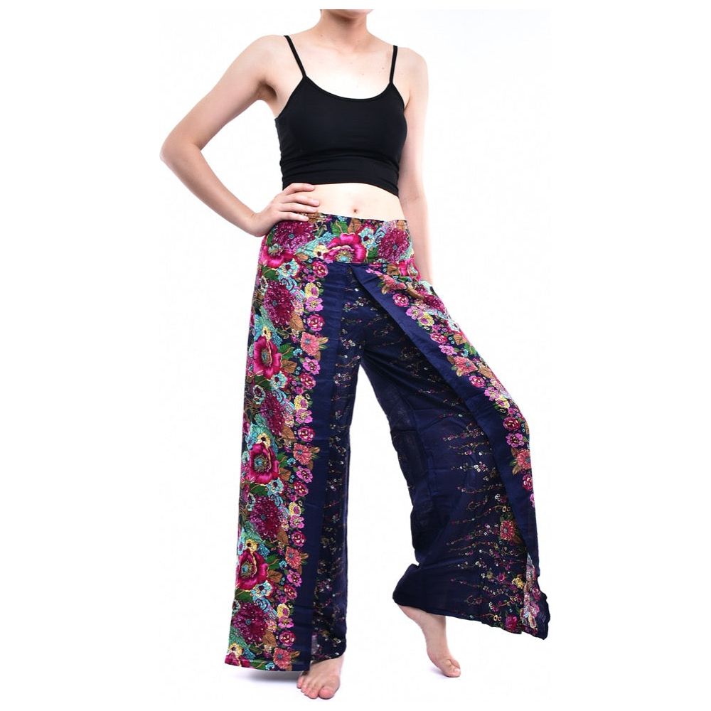 Bohotusk Indigo Blue Floral Print Womens Palazzo Pants S/M (UK 8 - 10)