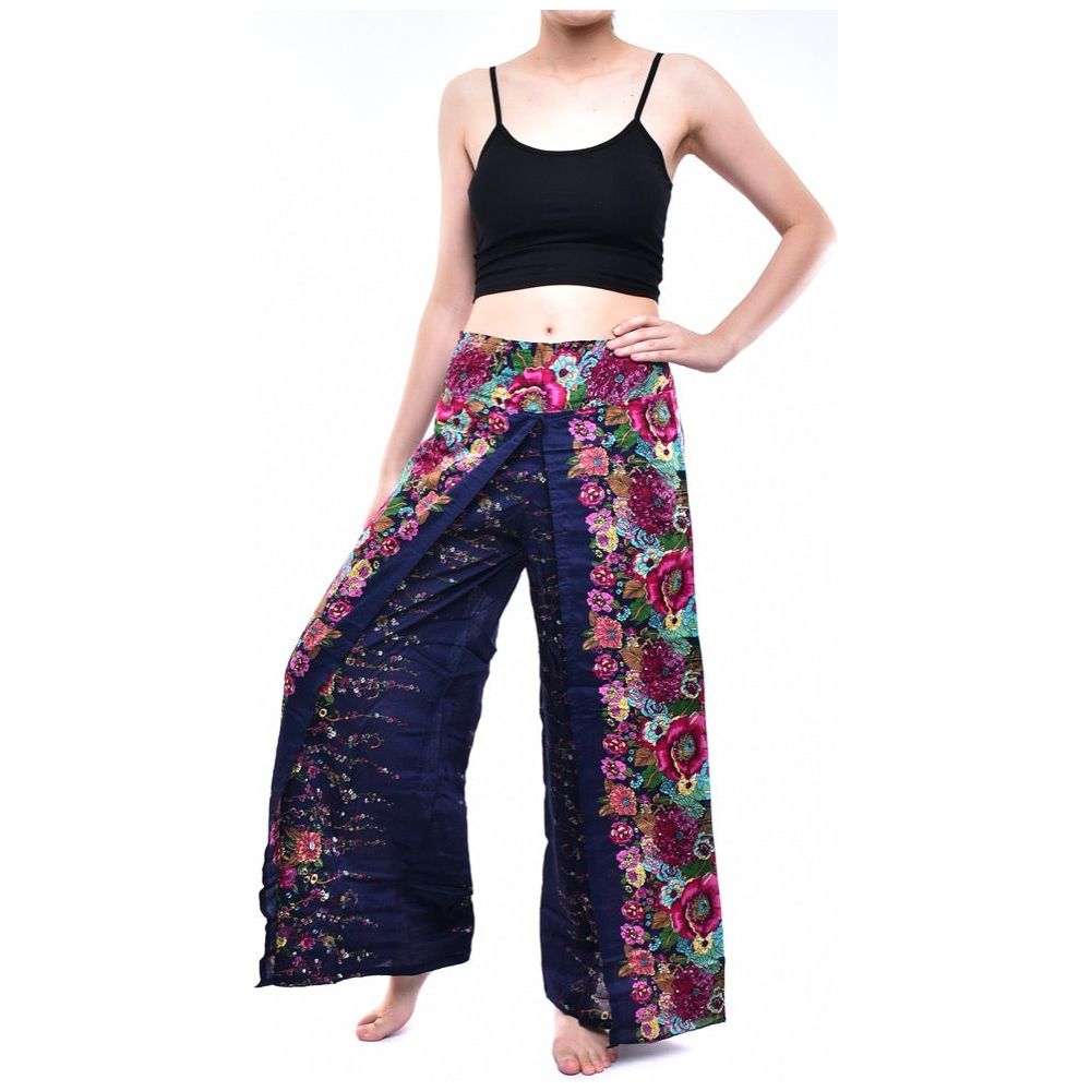 Bohotusk Indigo Blue Floral Print Womens Palazzo Pants S/M (UK 8 - 10)