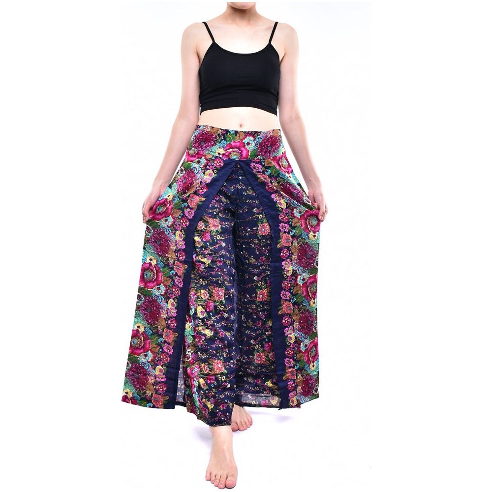 Bohotusk Indigo Blue Floral Print Womens Palazzo Pants S/M (UK 8 - 10)