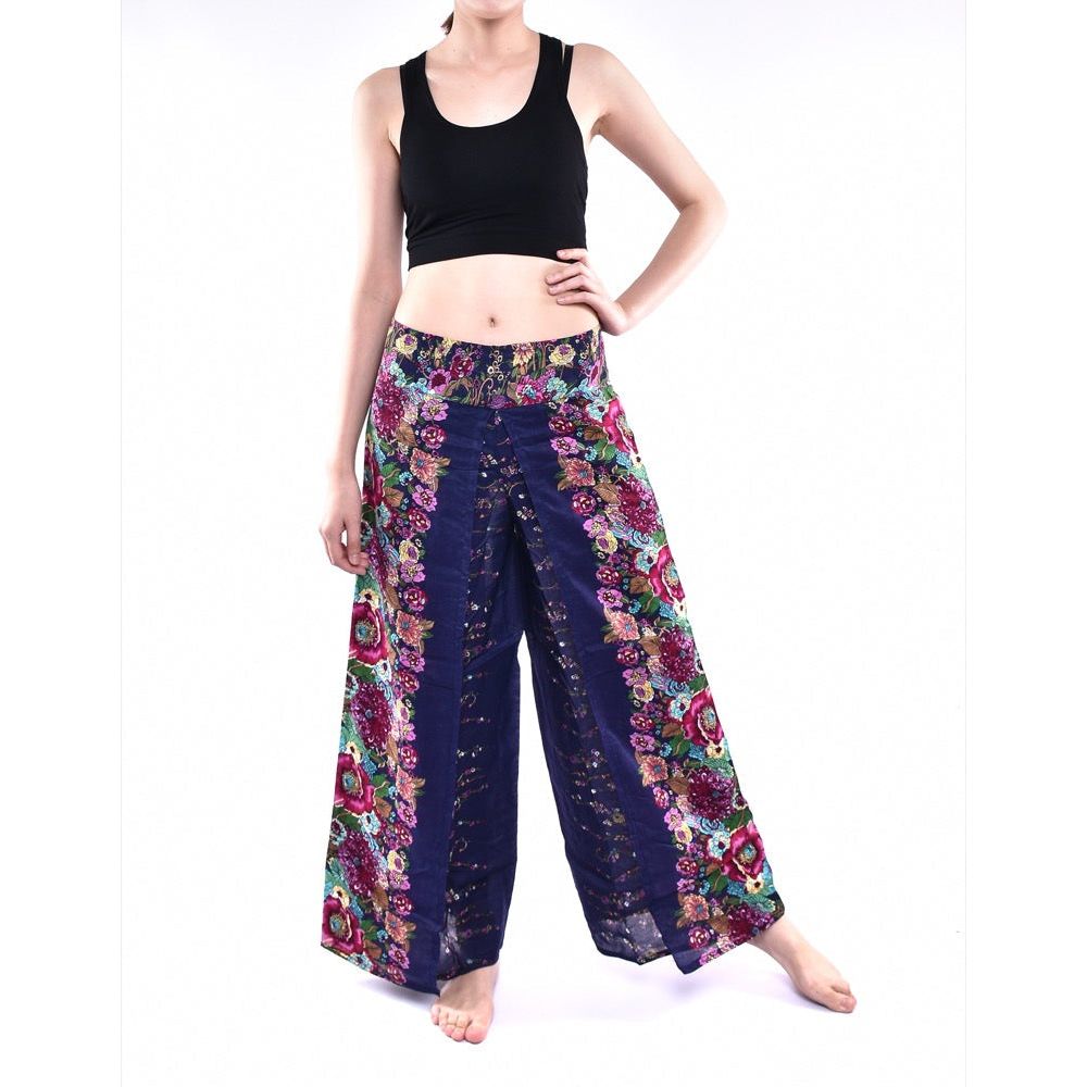 Bohotusk Indigo Blue Floral Print Womens Palazzo Pants S/M (UK 8 - 10)