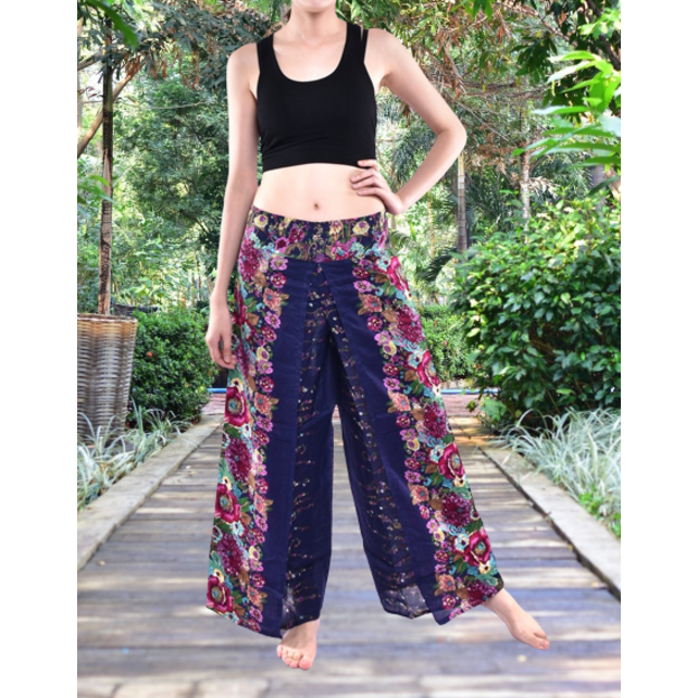 Bohotusk Indigo Blue Floral Print Womens Palazzo Pants S/M (UK 8 - 10)