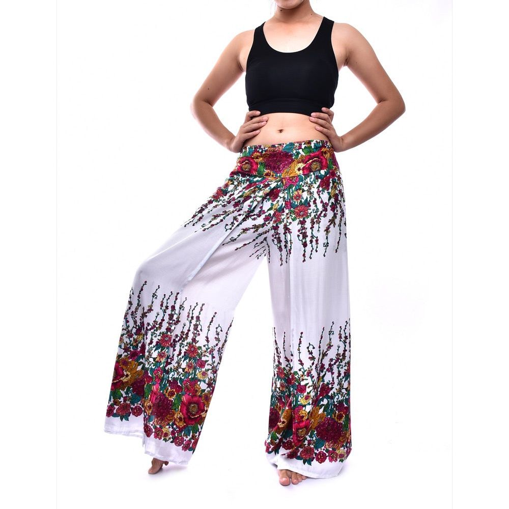 Bohotusk White Floral Print Womens Palazzo Pants S/M (UK 8 - 10)