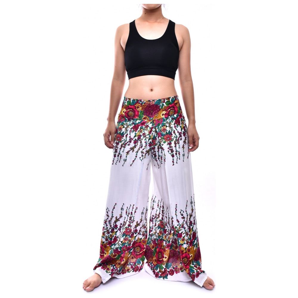 Bohotusk White Floral Print Womens Palazzo Pants S/M (UK 8 - 10)