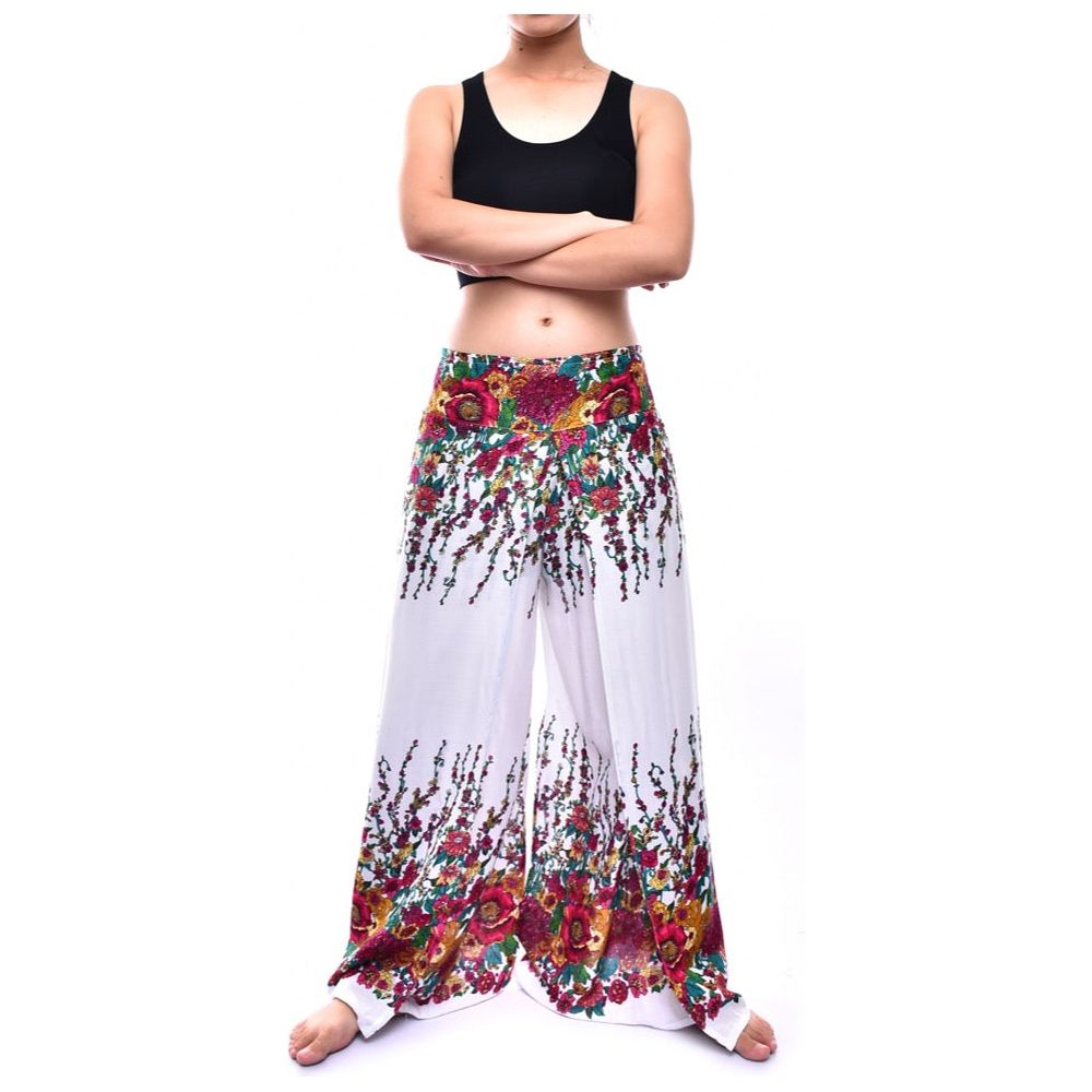 Bohotusk White Floral Print Womens Palazzo Pants S/M (UK 8 - 10)