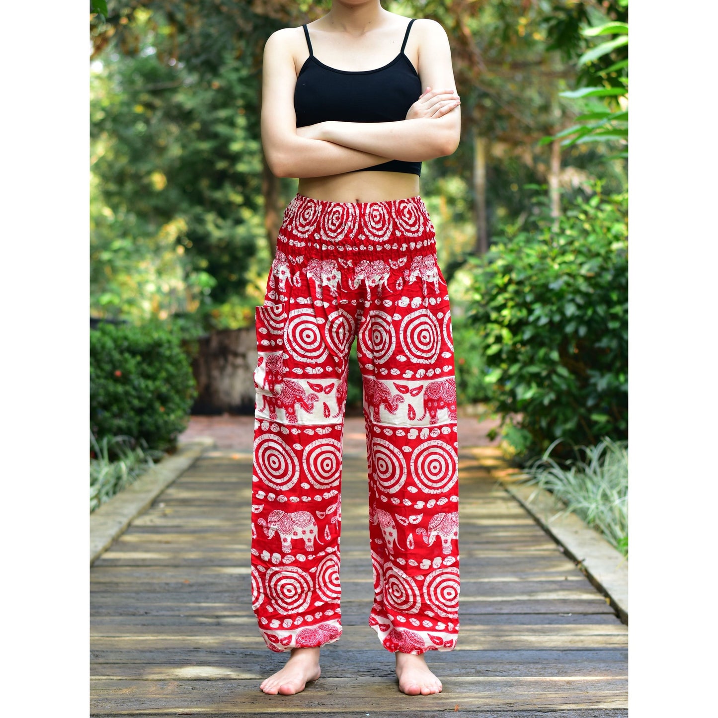 Bohotusk Red Elephant Bullseye Print Elasticated Smocked Waist Womens