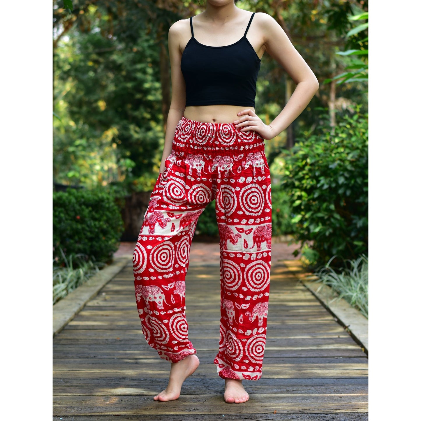 Bohotusk Red Elephant Bullseye Print Elasticated Smocked Waist Womens