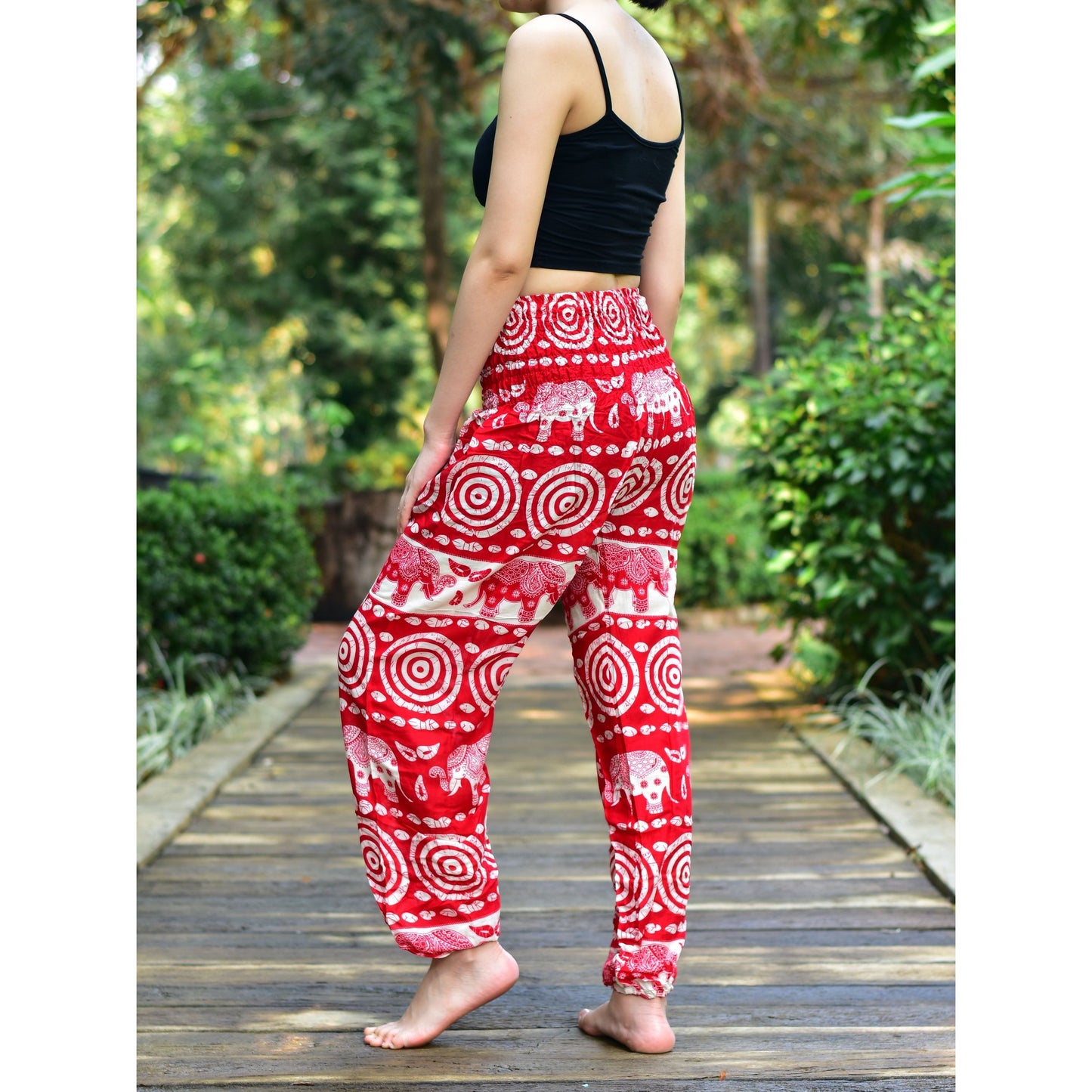 Bohotusk Red Elephant Bullseye Print Elasticated Smocked Waist Womens