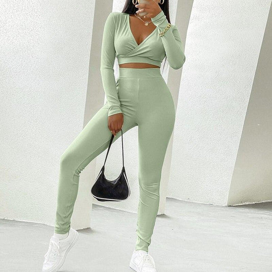 V-neck Solid Tight-fitting Yoga Sports Trousers Suit