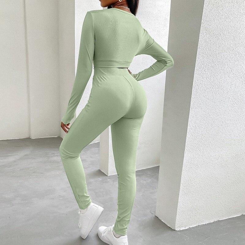 V-neck Solid Tight-fitting Yoga Sports Trousers Suit