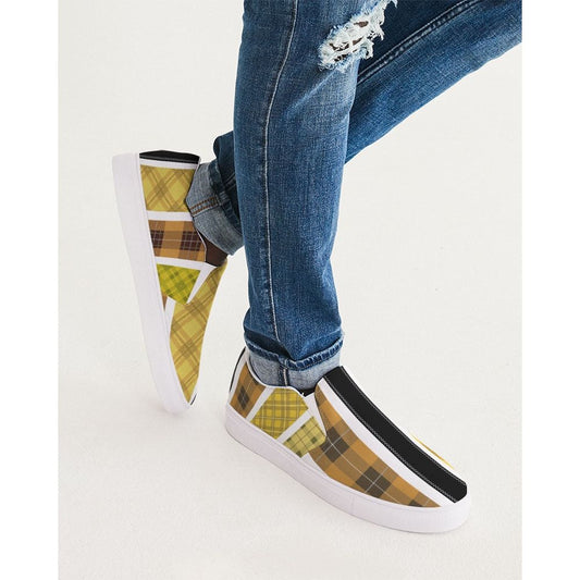 Mens Sneakers Slip On Canvas Yellow And Black Tartan Pattern