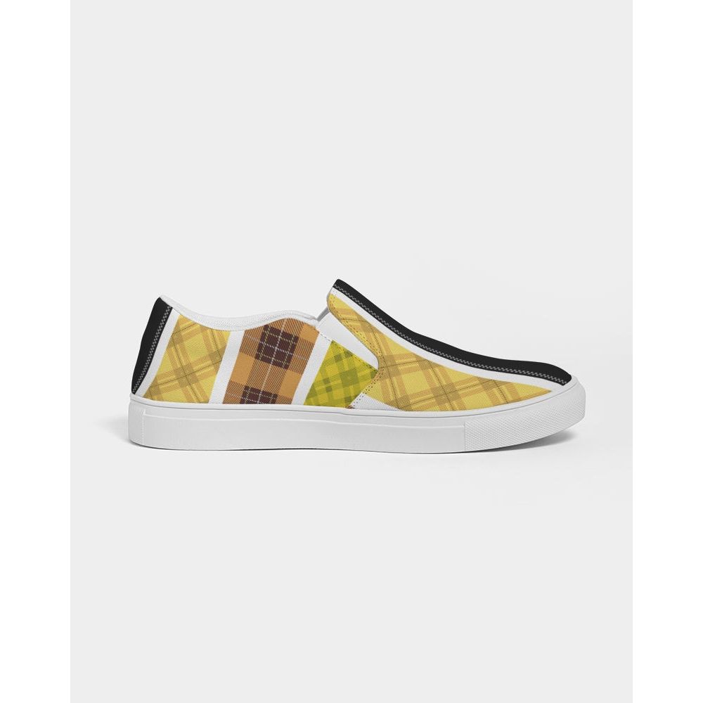 Mens Sneakers Slip On Canvas Yellow And Black Tartan Pattern