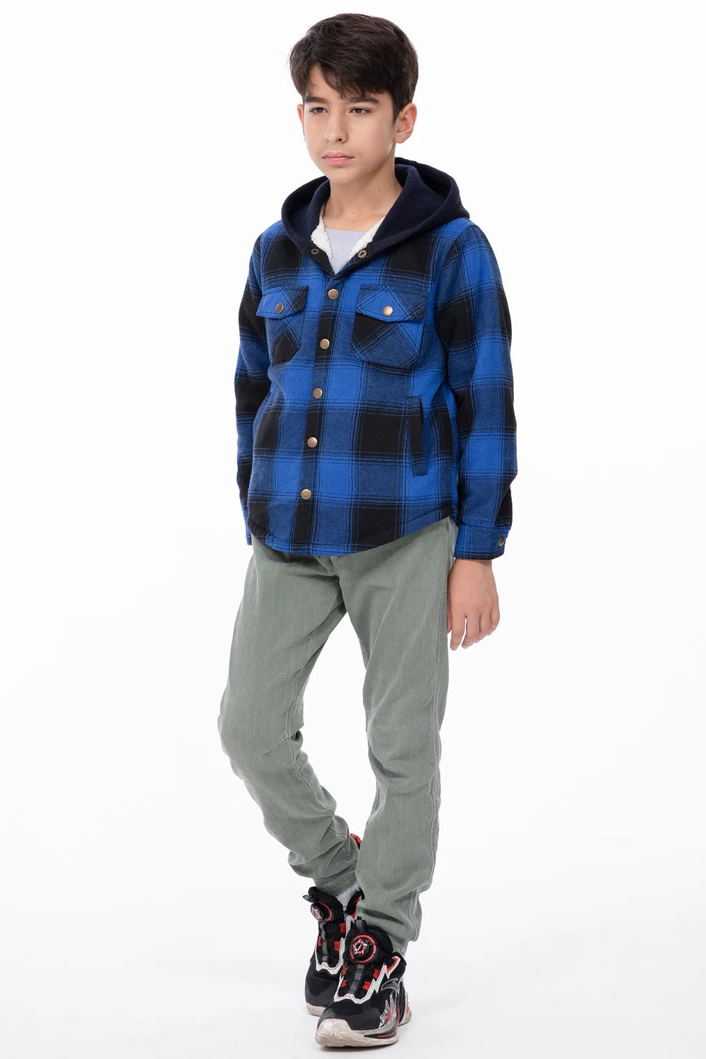 Kids Boys and Girls Fleece-Lined Snap Flannel Shirt,Hooded Plaid