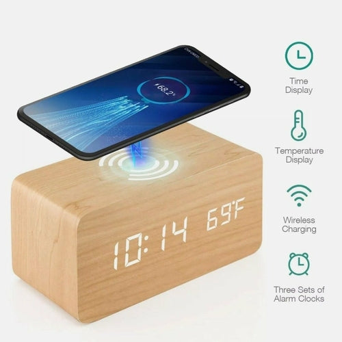 Wooden Digital Alarm Clock with Wireless Phone Charging Pad - Sportkyu