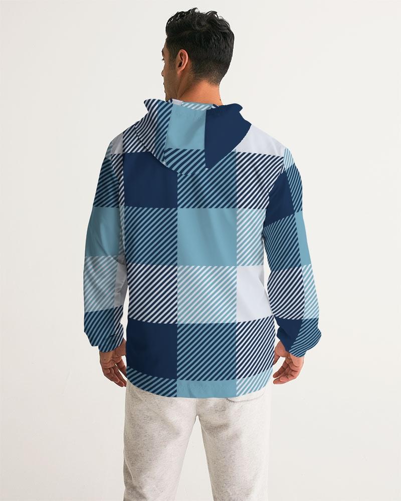 Mens Hooded Windbreaker - Tartan Plaid Blue Water Resistant Jacket