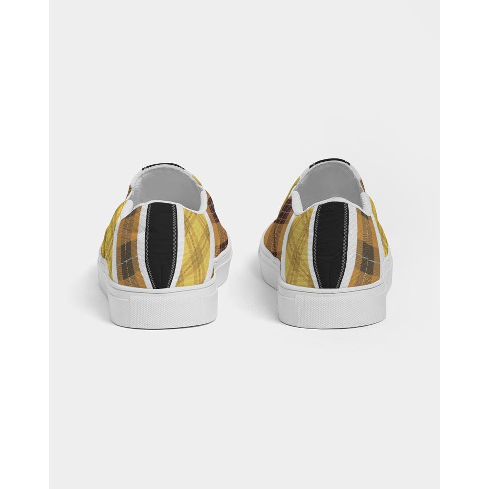 Mens Sneakers Slip On Canvas Yellow And Black Tartan Pattern