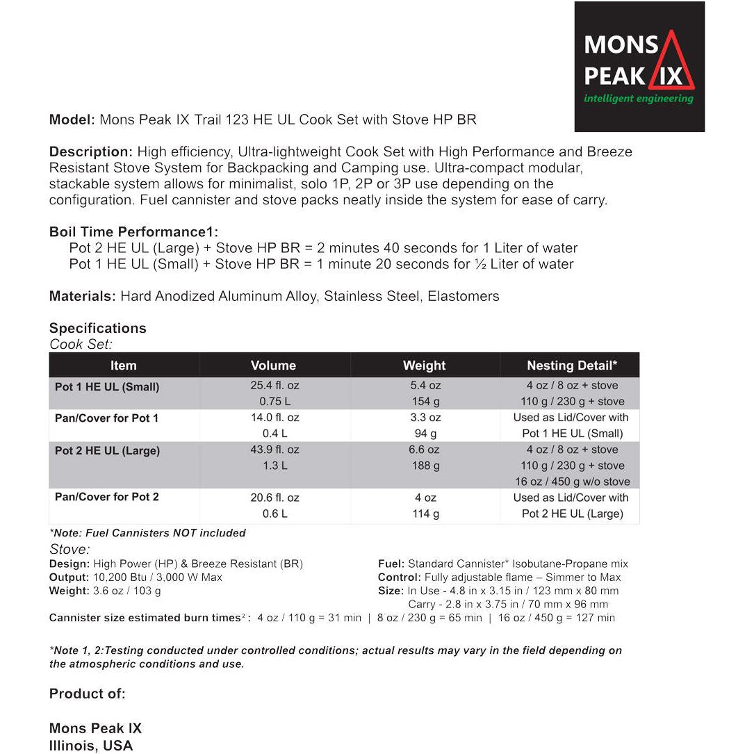 Mons Peak IX Trail 123 HE UL Cook Set with Stove