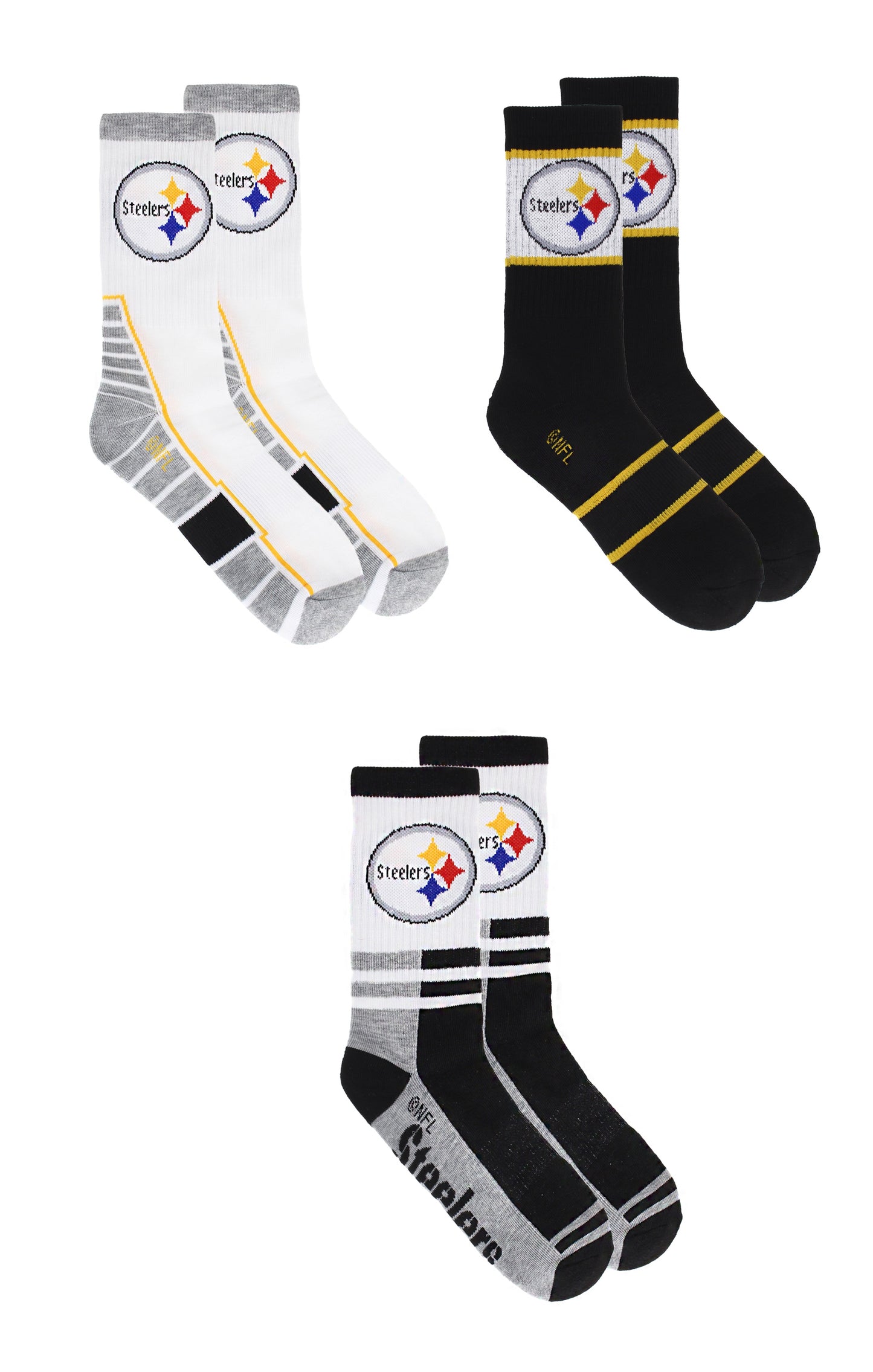 Pittsburgh Steelers Socks 3 Pack Crew Length NFL Football