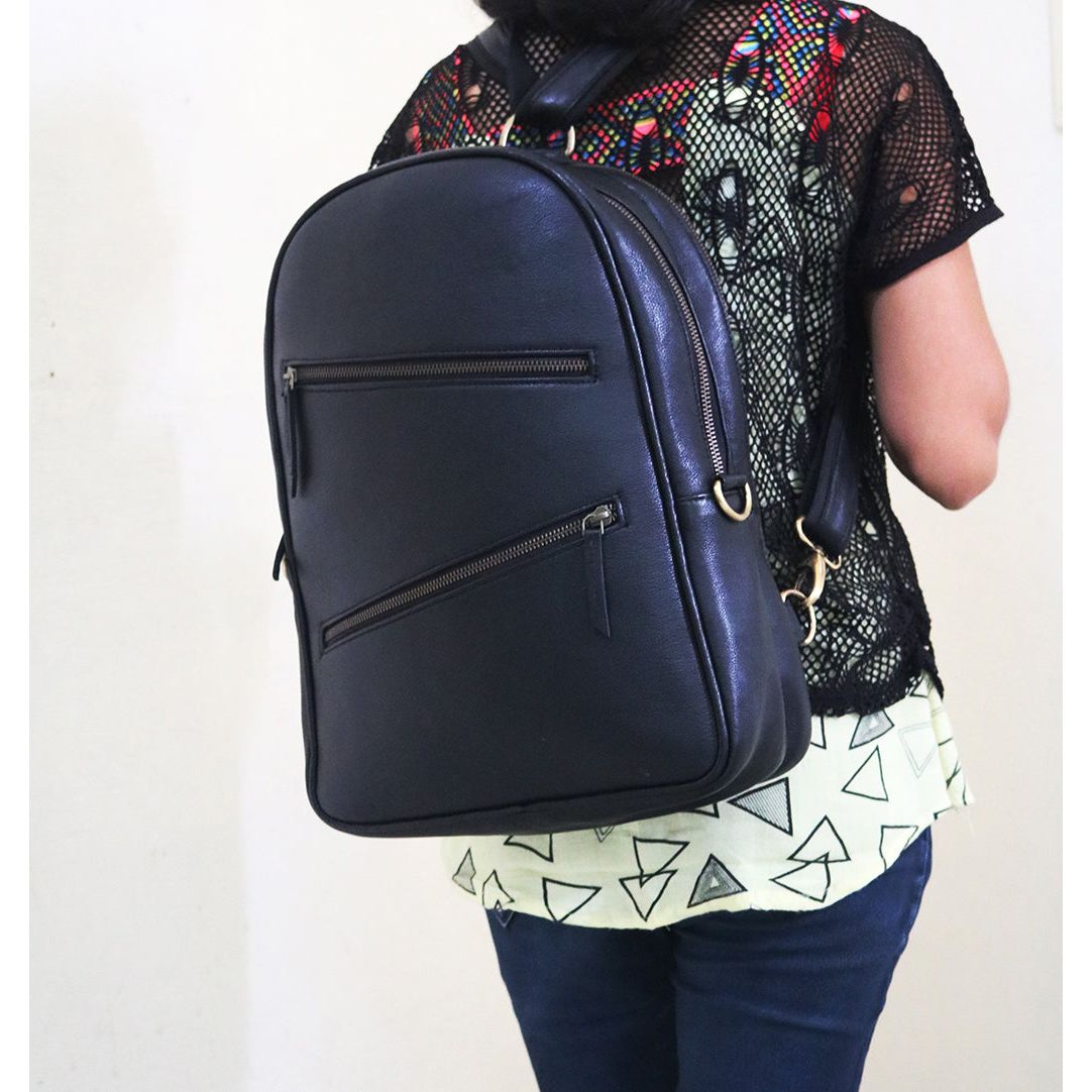 Handmade Black Leather Backpack For Unisex .