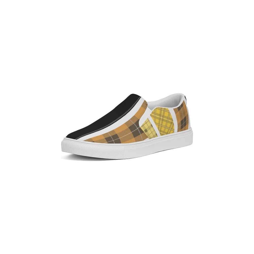 Mens Sneakers Slip On Canvas Yellow And Black Tartan Pattern