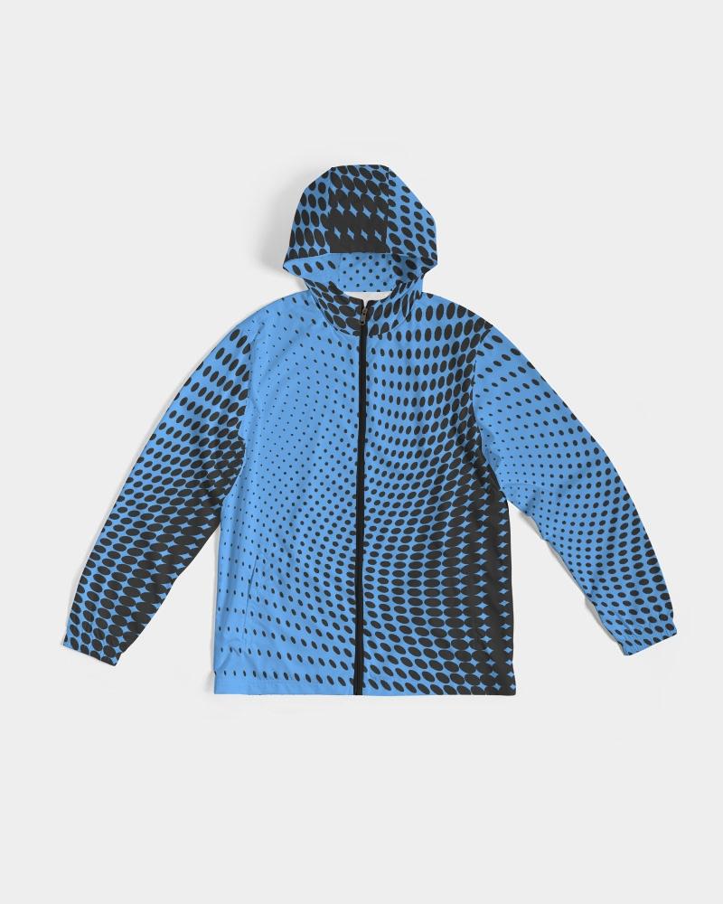 Mens Hooded Windbreaker - Blue Polka Dot Water Resistant Jacket -