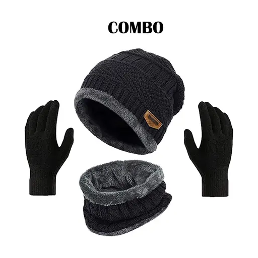 Black Winter Woolen Beanie Cap with muffler-(Pack of 1)