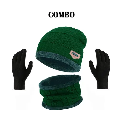 Green Winter Woolen Beanie Cap with muffler-(Pack of 1)