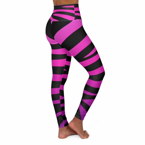 High Waisted Yoga Leggings, Purple And Black Stripes - Sportkyu