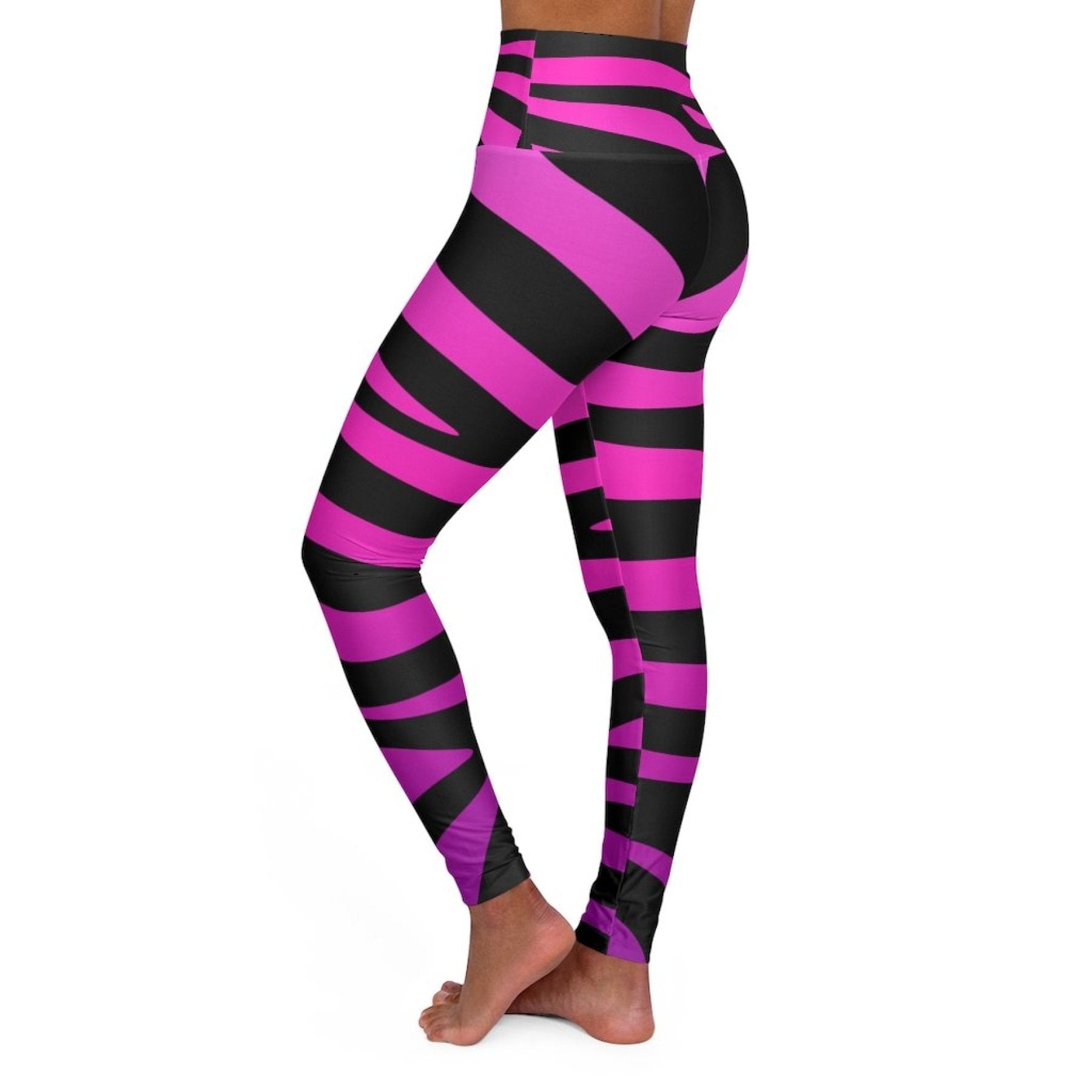 High Waisted Yoga Leggings, Purple And Black Stripes - Sportkyu