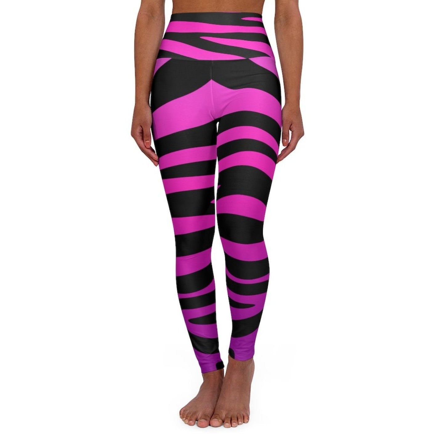 High Waisted Yoga Leggings, Purple And Black Stripes - Sportkyu