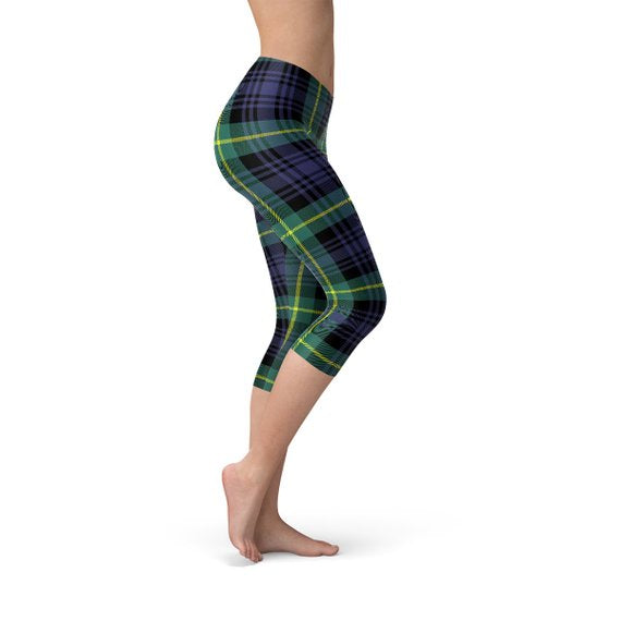 Womens Green and Blue Tartan Capri Leggings