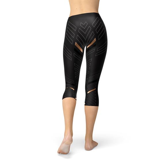 Womens Sports Stripes Black Capri Leggings - Sportkyu