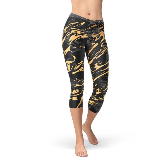 Womens zwart marmer met Gold Splash Capri legging