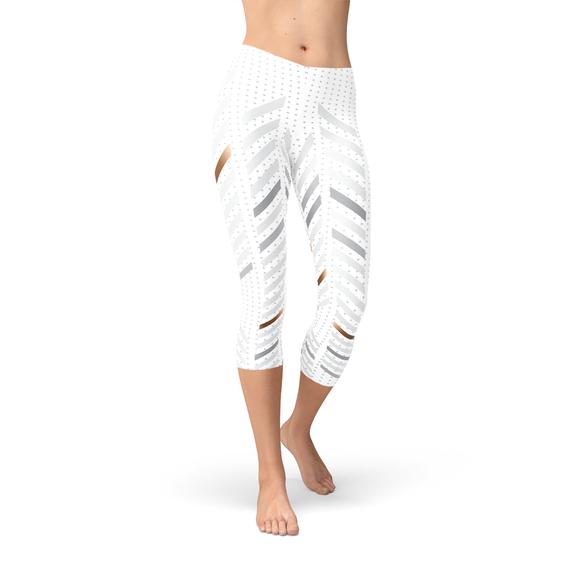 Womens White Stripes Capri Leggings - Sportkyu