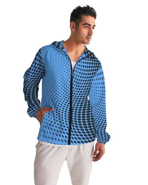 Mens Hooded Windbreaker - Blue Polka Dot Water Resistant Jacket -