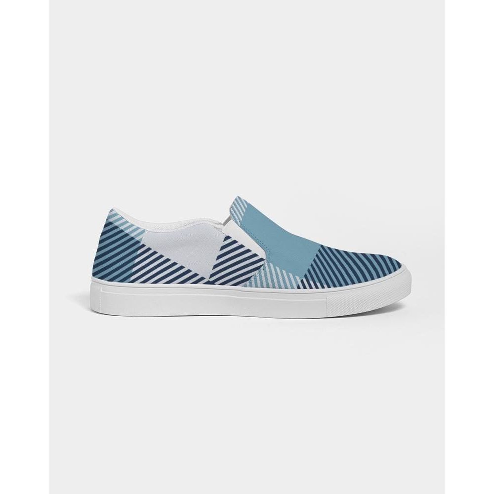 Mens Sneakers, Blue Plaid Low Top Slip-on Canvas Sports Shoes - Pzq475