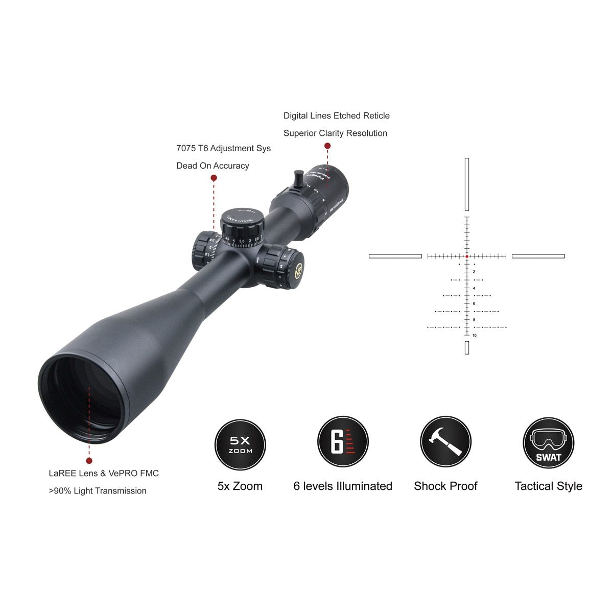 „Optics Paragon 6-30x56 GenII“ medžioklinis šautuvas, taktinis taikinys