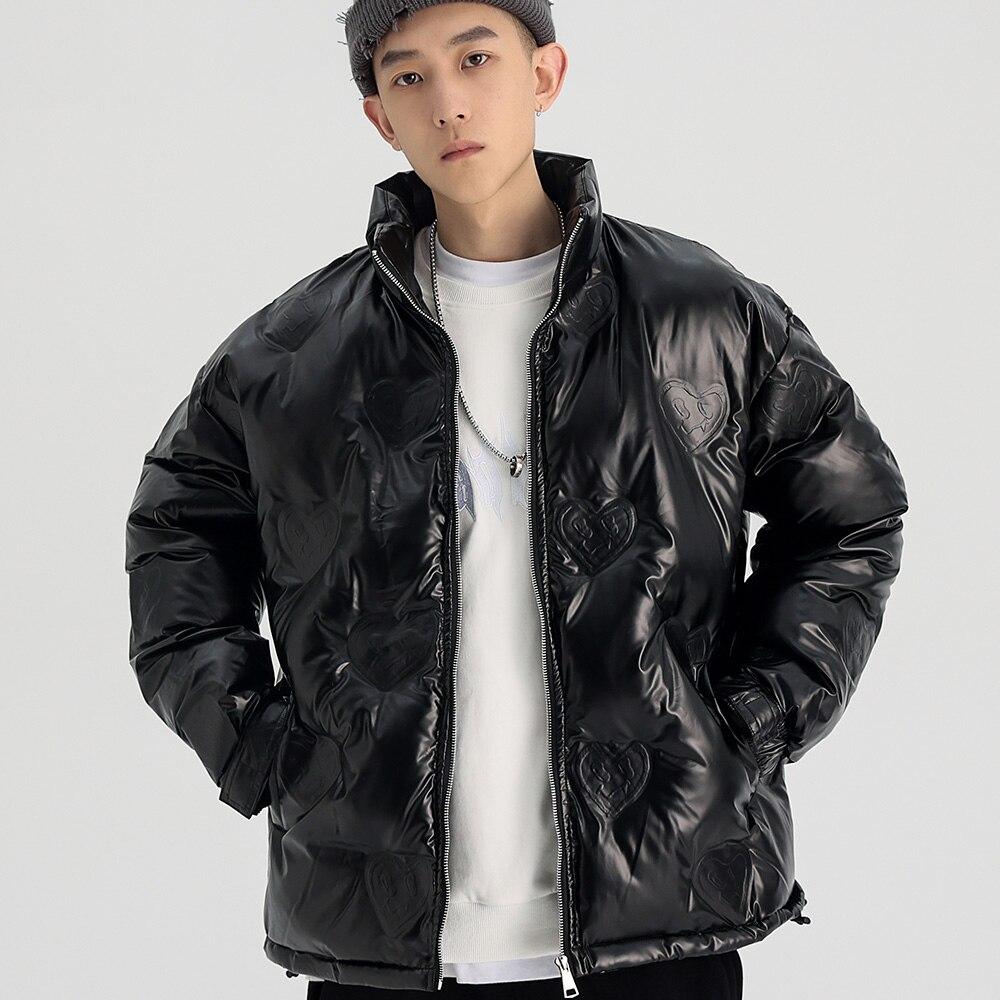 Winter Jacket Men Heart Embossing Solid Color Zipper Black Parkas