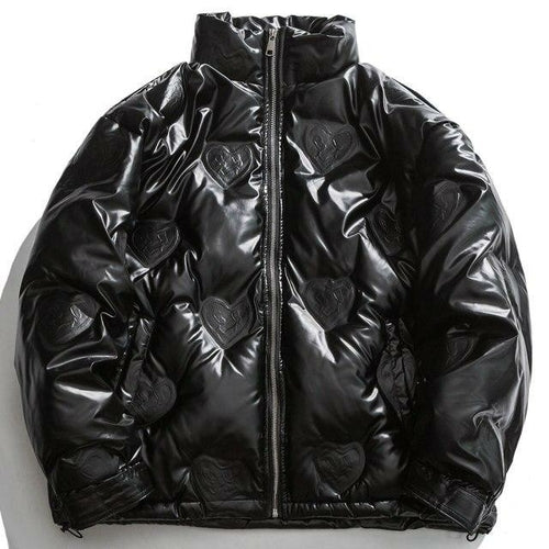 Winter Jacket Men Heart Embossing Solid Color Zipper Black Parkas