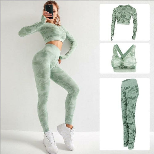 3pcs Women Carmful Camo Yoga Set Women Seamless Fitness Yoga Bra Sport