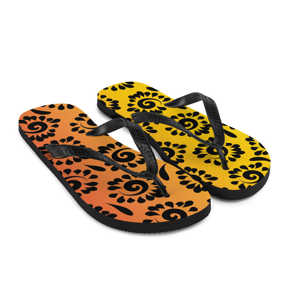 Orange Red Black Patterned Flip-Flops