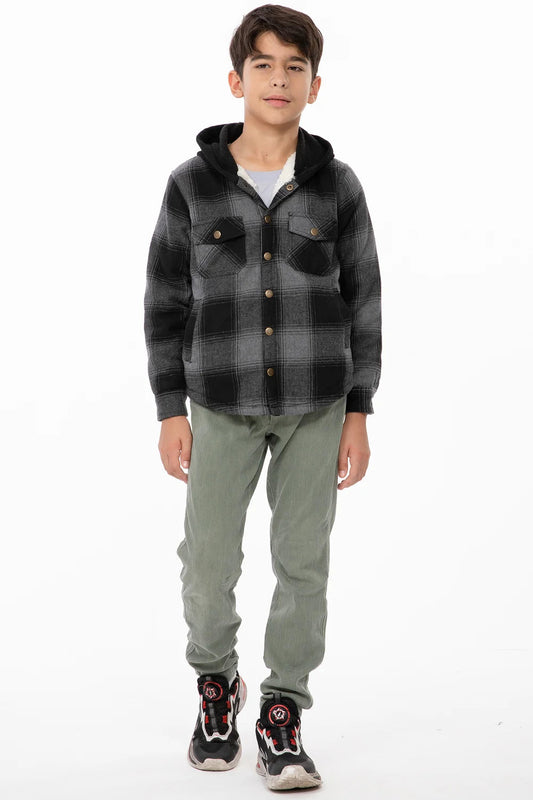 Kids Boys and Girls Fleece-Lined Snap Flannel Shirt,Hooded Plaid