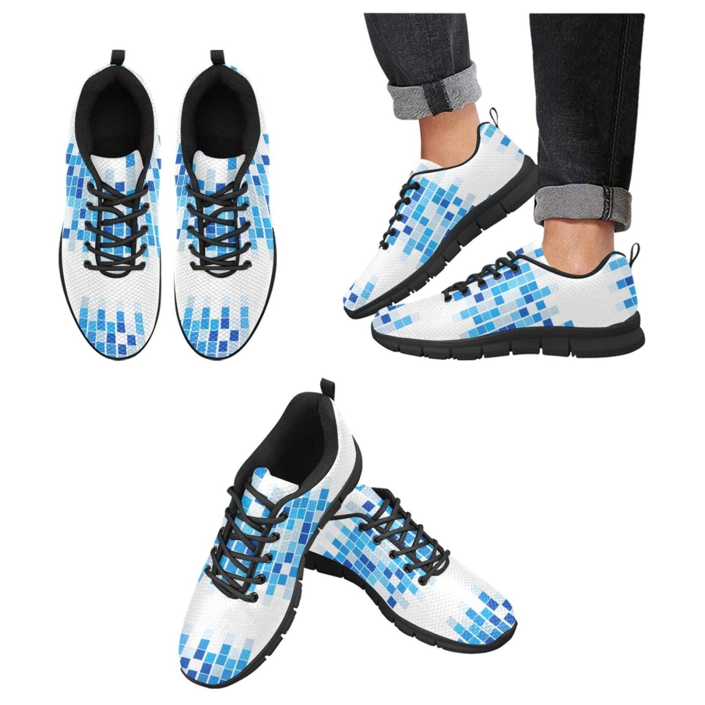 Sneakers For Women, Blue And White Mosaic Print - Running Shoes