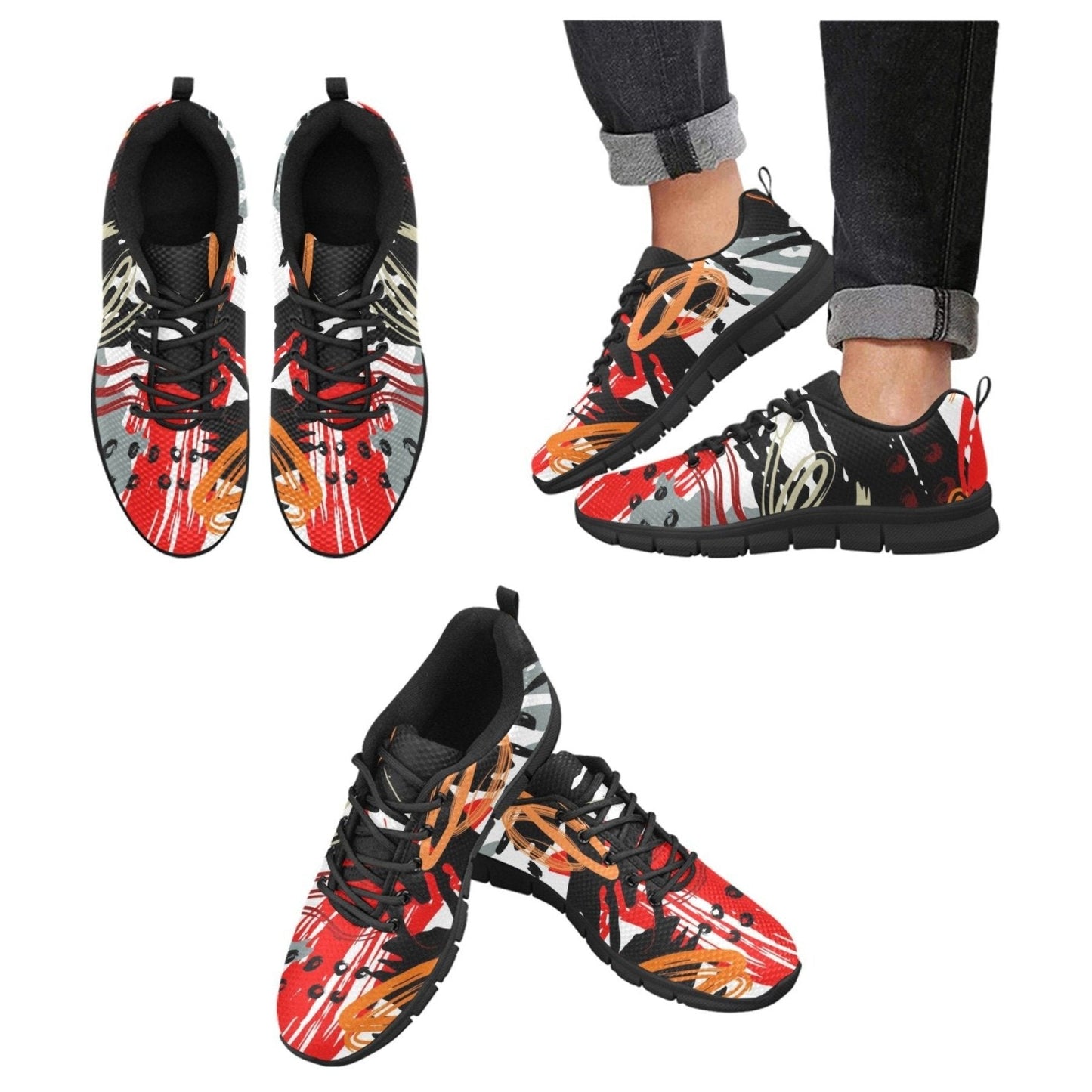 Womens Sneakers, Black And White Abstract Print Running Shoes