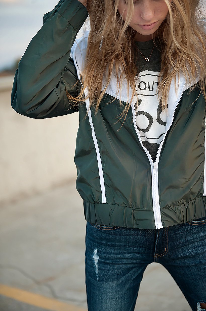 DT Green & White drawstring windbreaker jacket