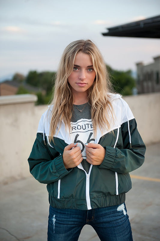 DT Green & White drawstring windbreaker jacket